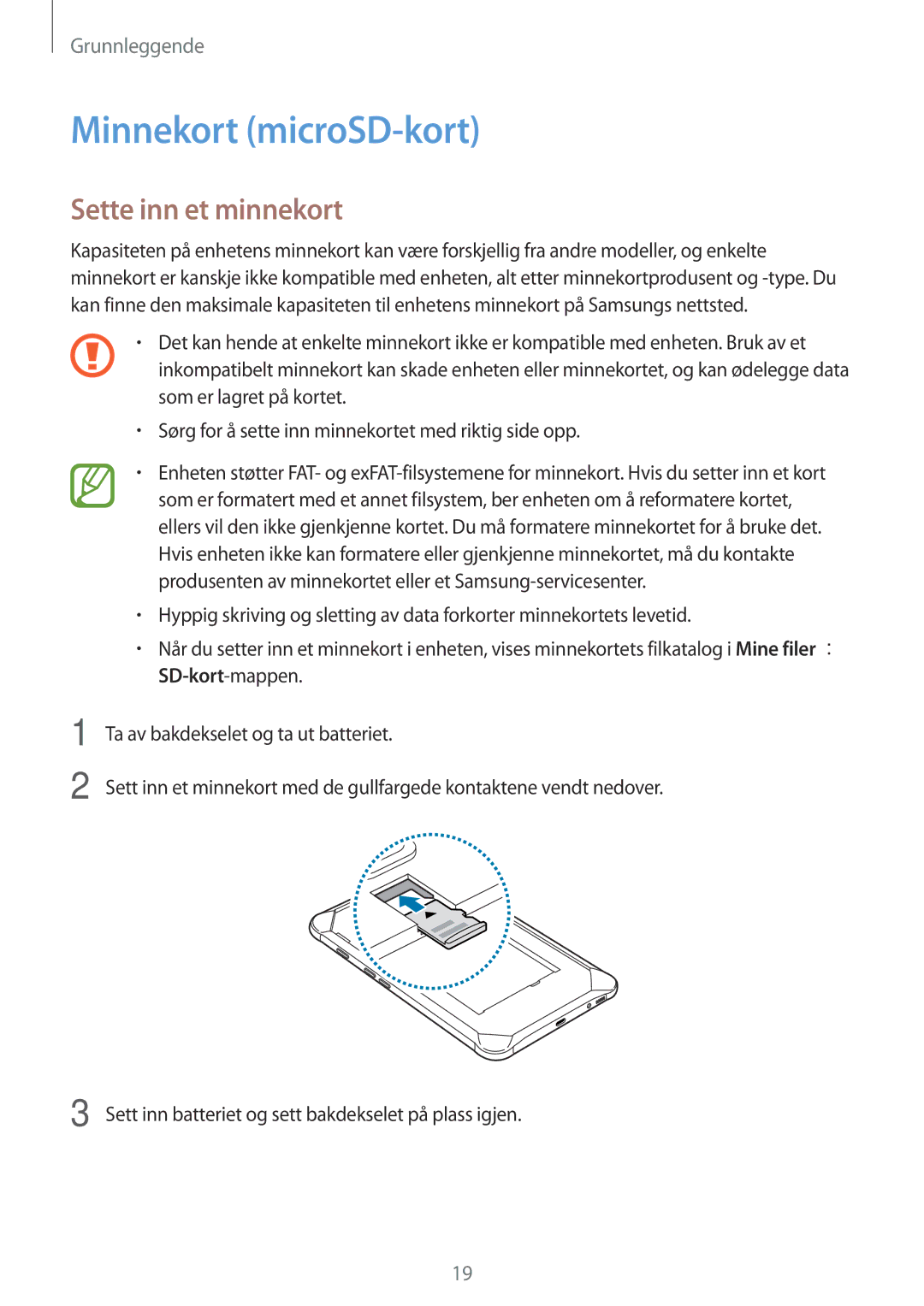 Samsung SM-T395NZKANEE manual Minnekort microSD-kort, Sette inn et minnekort 