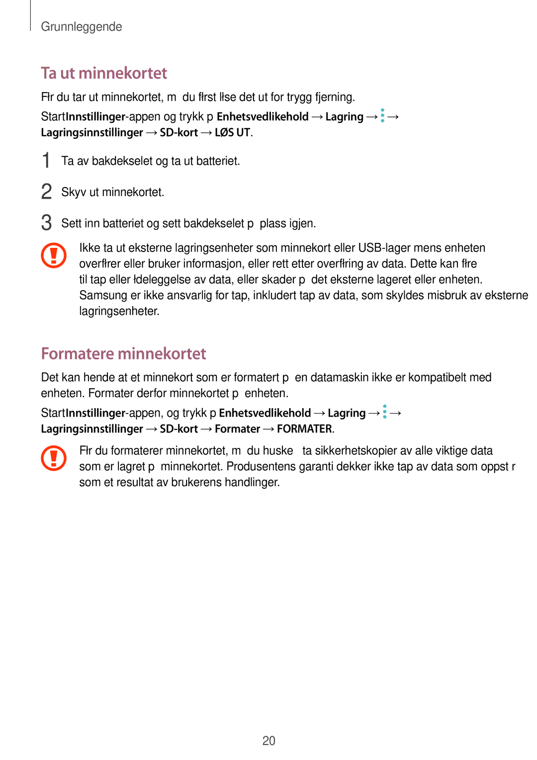 Samsung SM-T395NZKANEE manual Ta ut minnekortet, Formatere minnekortet 