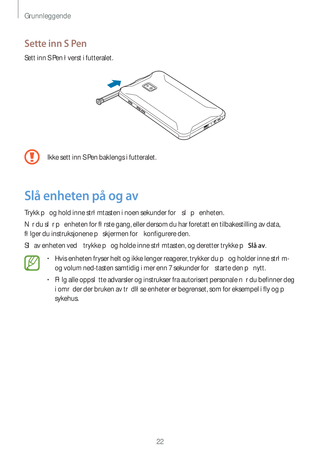 Samsung SM-T395NZKANEE manual Slå enheten på og av, Sette inn S Pen 