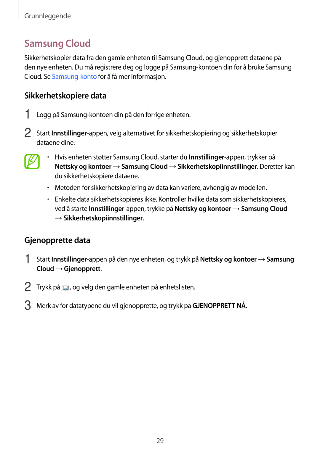 Samsung SM-T395NZKANEE manual Samsung Cloud, Sikkerhetskopiere data, Gjenopprette data 