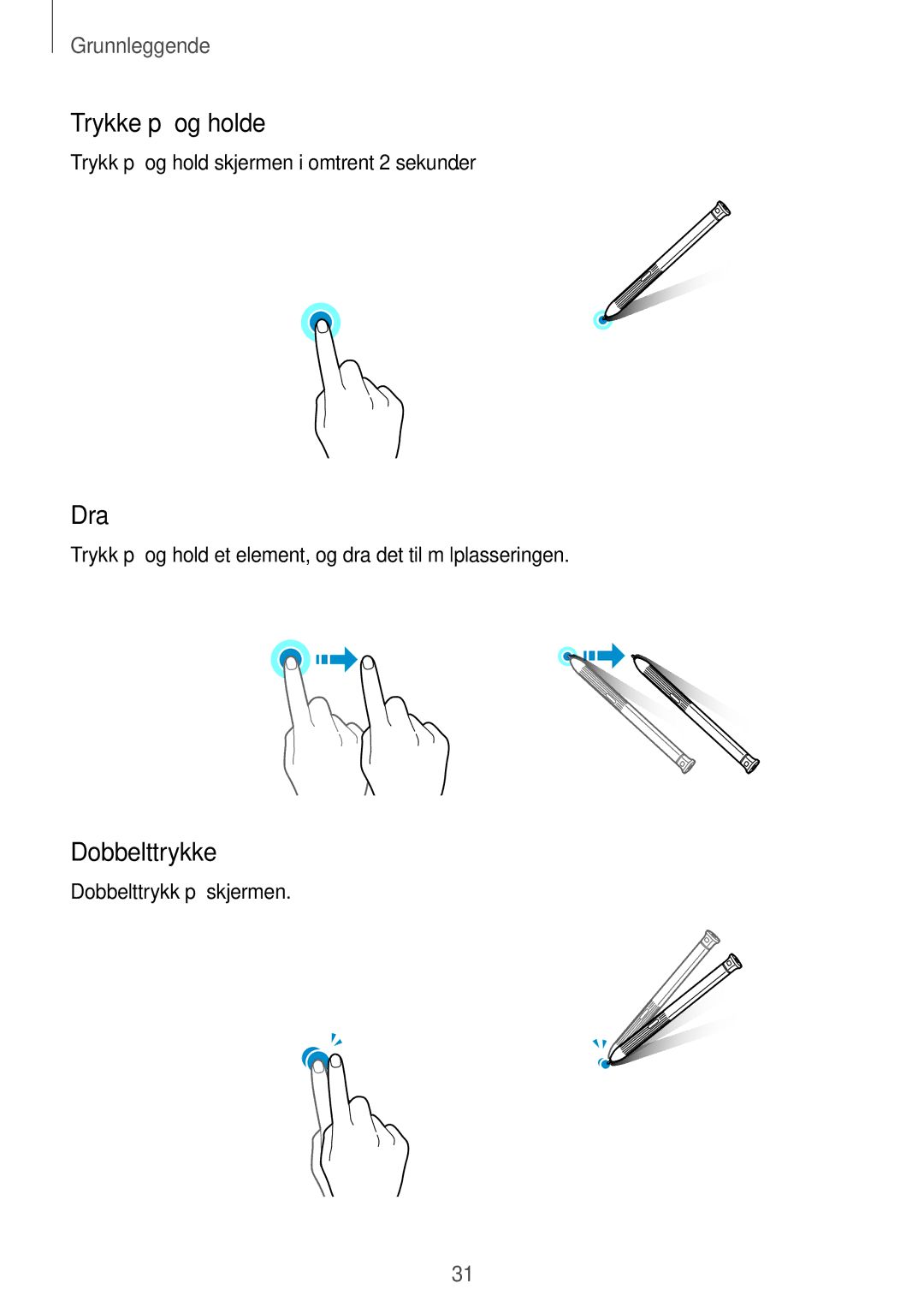 Samsung SM-T395NZKANEE manual Trykke på og holde, Dra, Dobbelttrykke 