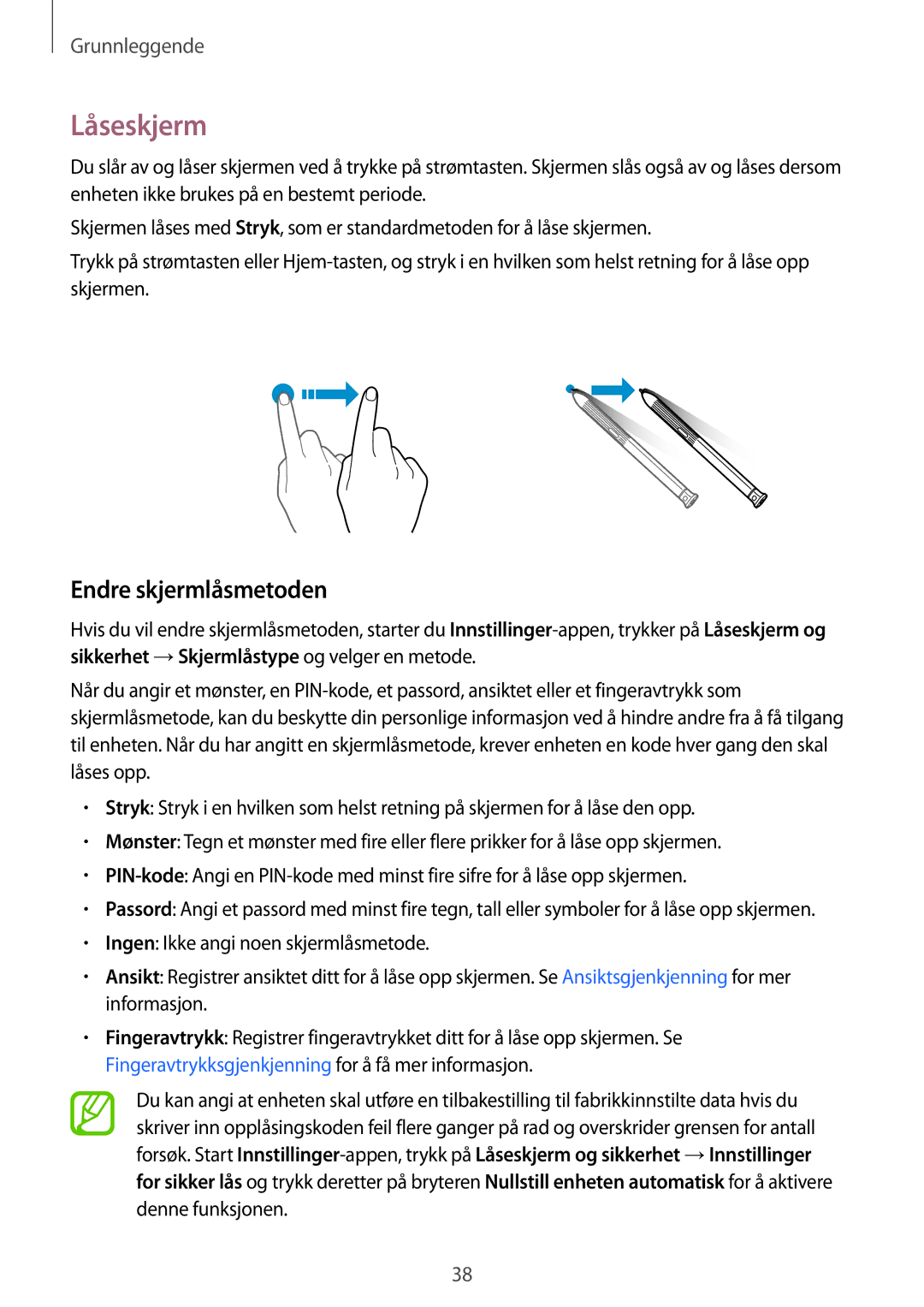 Samsung SM-T395NZKANEE manual Låseskjerm, Endre skjermlåsmetoden 