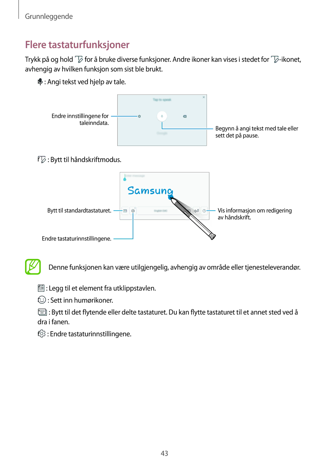 Samsung SM-T395NZKANEE manual Flere tastaturfunksjoner, Bytt til håndskriftmodus 