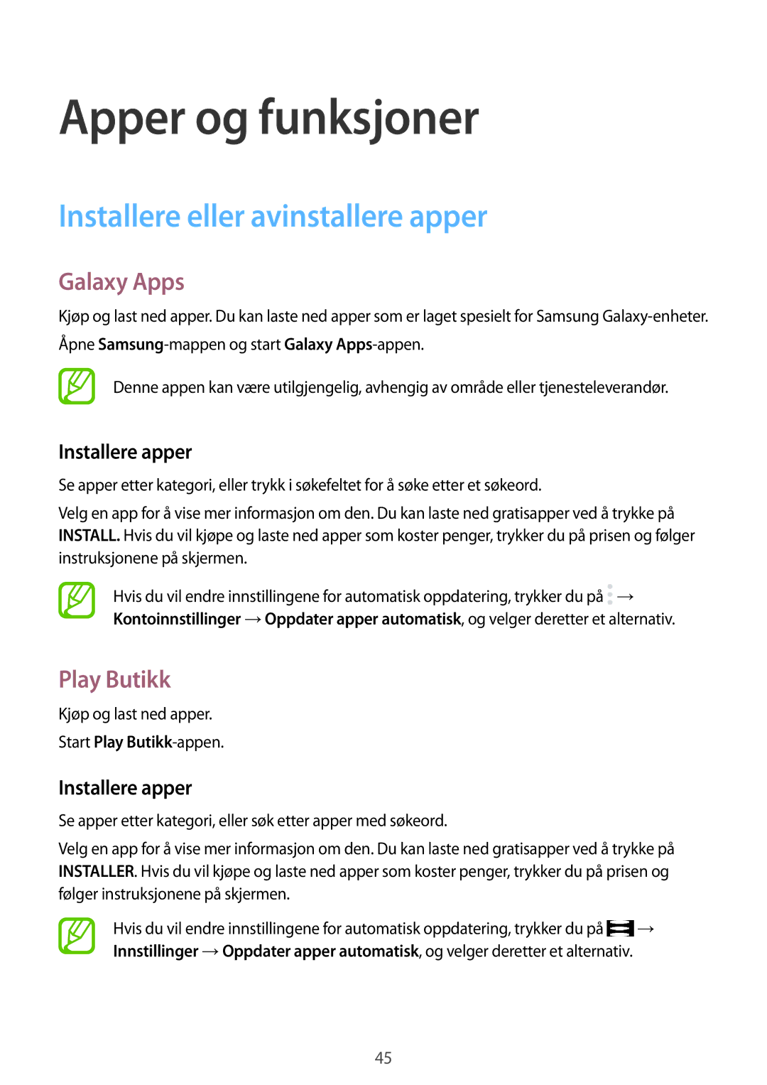 Samsung SM-T395NZKANEE manual Installere eller avinstallere apper, Galaxy Apps, Play Butikk, Installere apper 