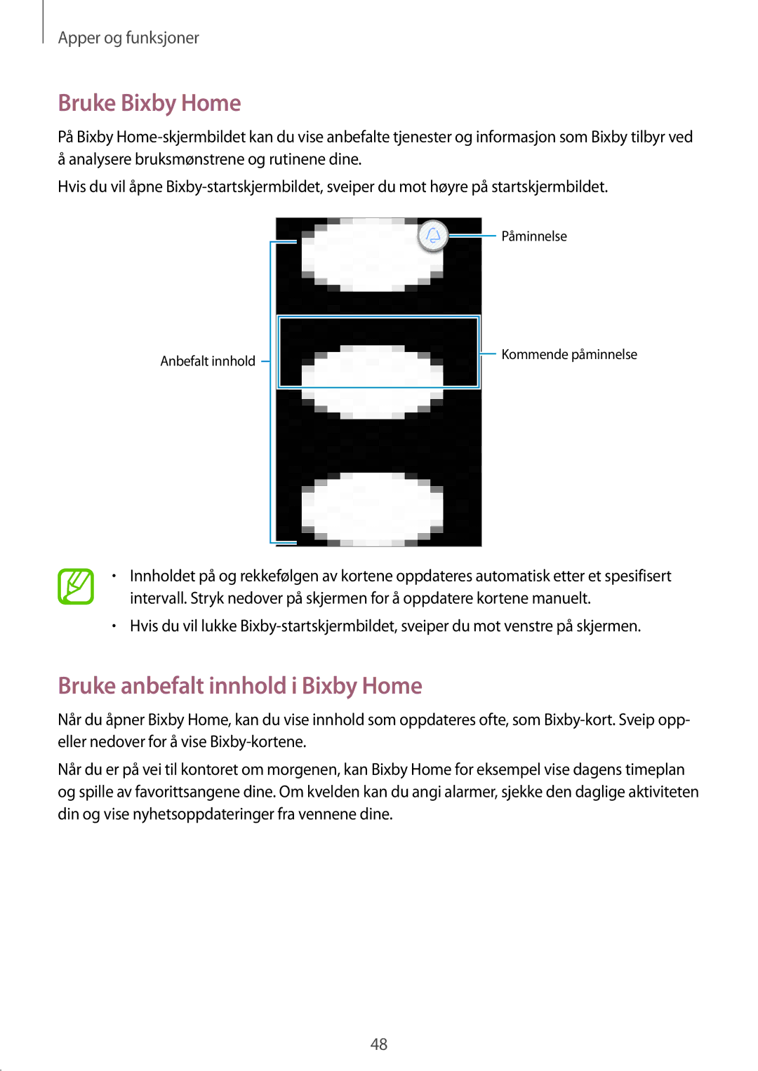 Samsung SM-T395NZKANEE manual Bruke Bixby Home, Bruke anbefalt innhold i Bixby Home 