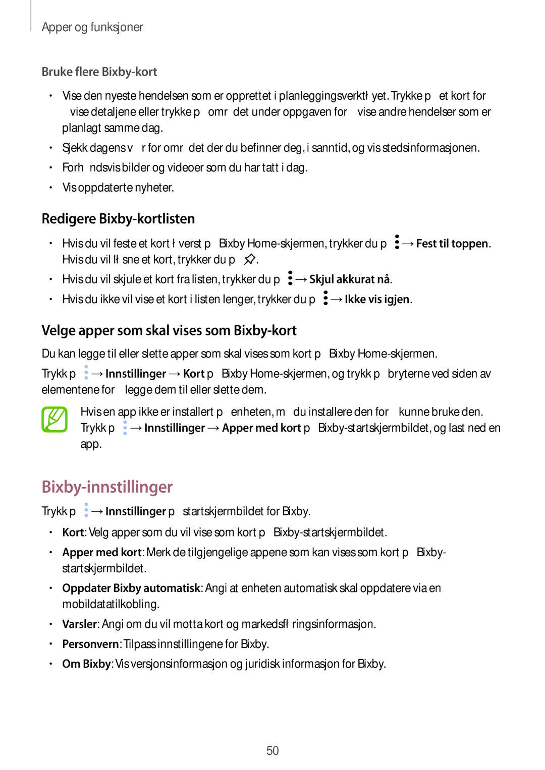 Samsung SM-T395NZKANEE manual Bixby-innstillinger, Redigere Bixby-kortlisten, Velge apper som skal vises som Bixby-kort 