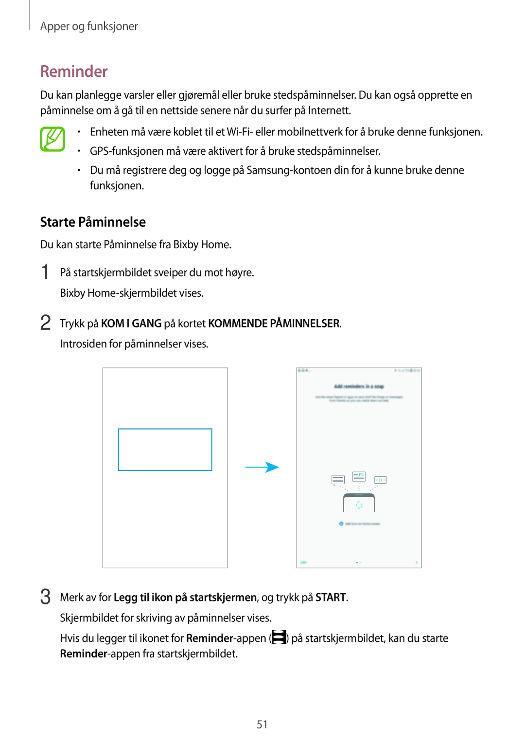 Samsung SM-T395NZKANEE manual Reminder, Starte Påminnelse, Trykk på KOM I Gang på kortet Kommende Påminnelser 