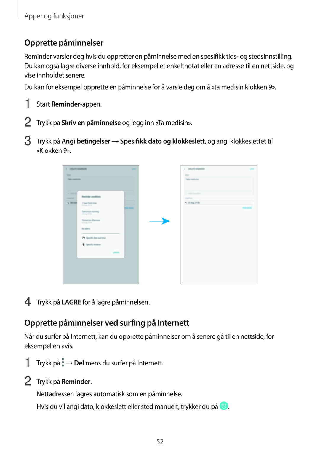 Samsung SM-T395NZKANEE manual Opprette påminnelser ved surfing på Internett, Trykk på Lagre for å lagre påminnelsen 