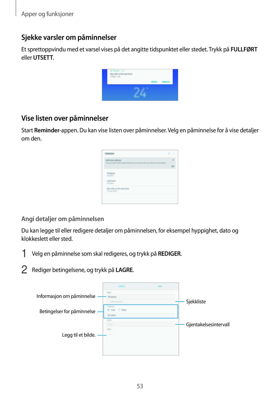 Samsung SM-T395NZKANEE manual Sjekke varsler om påminnelser, Vise listen over påminnelser, Angi detaljer om påminnelsen 