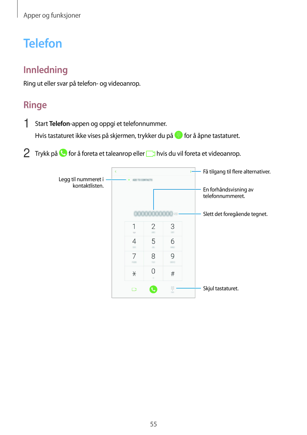 Samsung SM-T395NZKANEE manual Telefon, Ringe, Ring ut eller svar på telefon- og videoanrop 