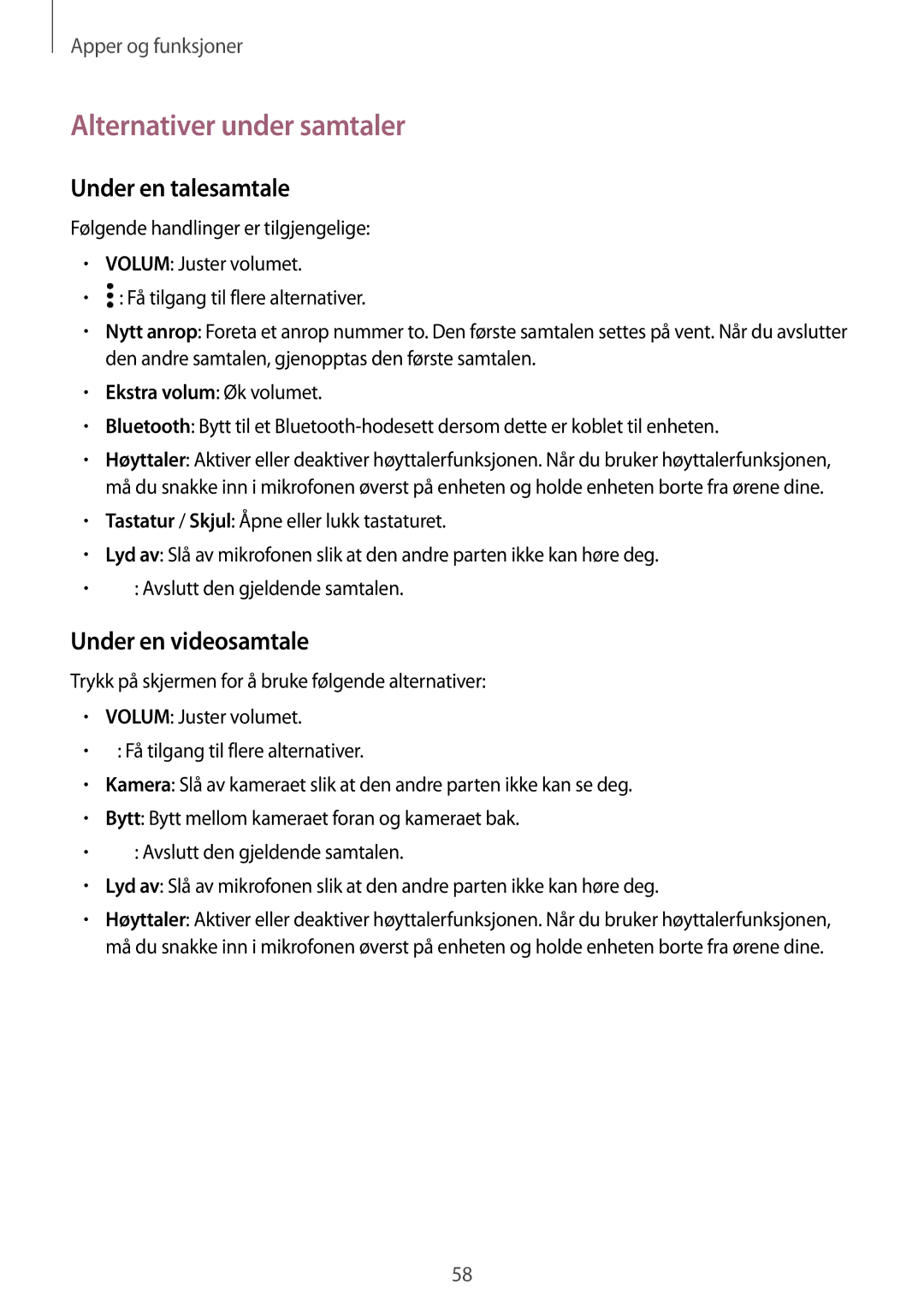 Samsung SM-T395NZKANEE manual Alternativer under samtaler, Under en talesamtale, Under en videosamtale 