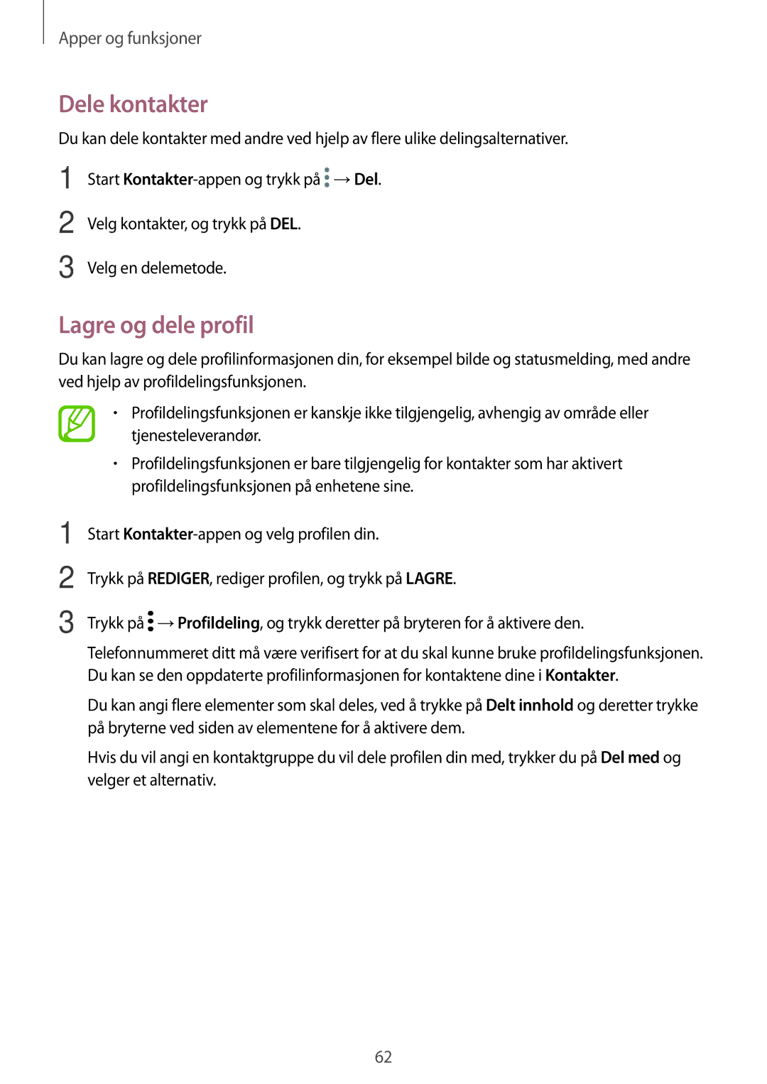 Samsung SM-T395NZKANEE manual Dele kontakter, Lagre og dele profil 