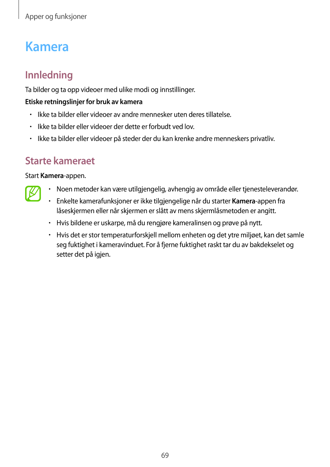 Samsung SM-T395NZKANEE manual Kamera, Starte kameraet, Ta bilder og ta opp videoer med ulike modi og innstillinger 