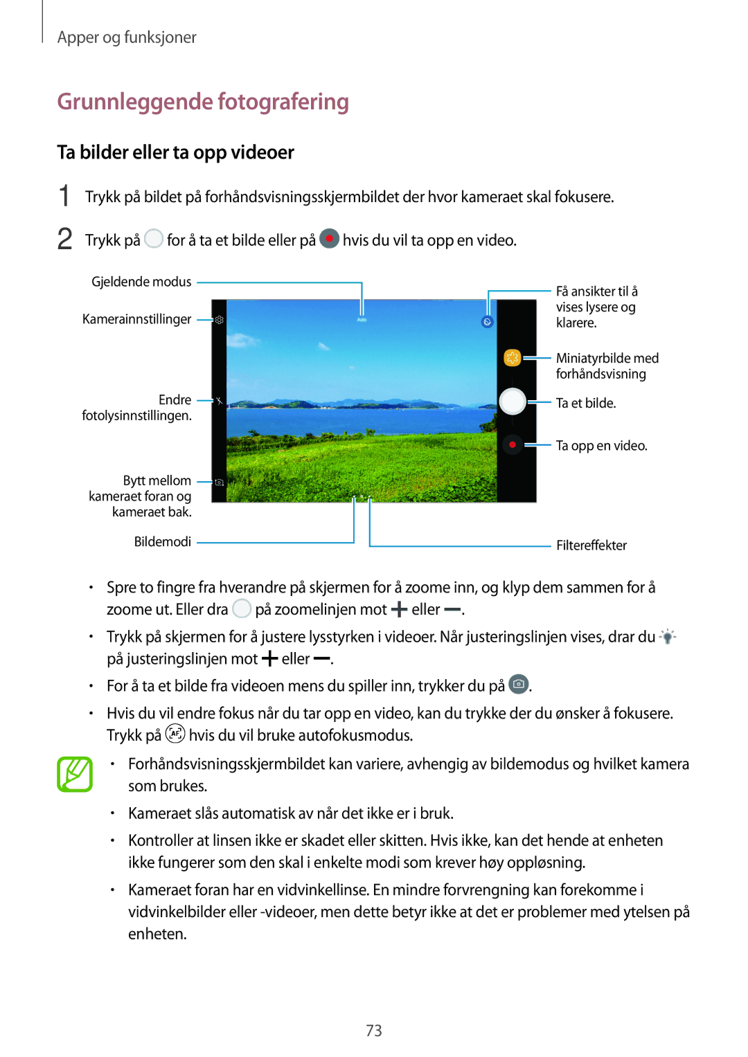 Samsung SM-T395NZKANEE manual Grunnleggende fotografering, Ta bilder eller ta opp videoer 