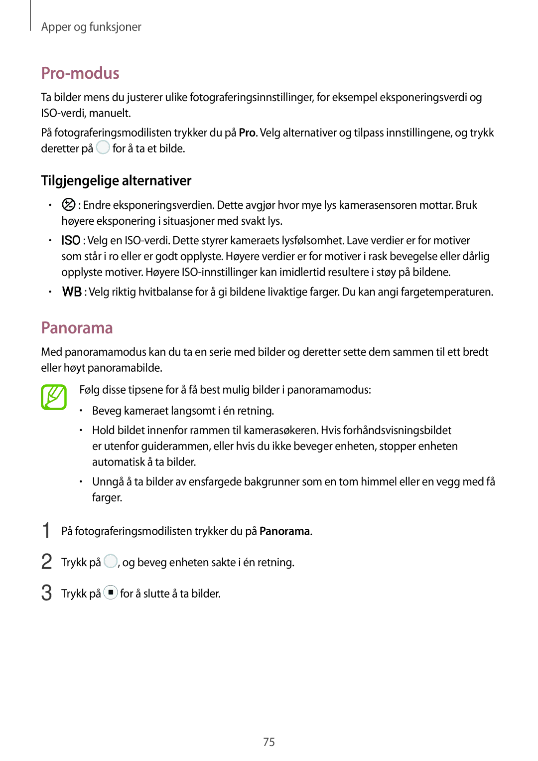 Samsung SM-T395NZKANEE manual Pro-modus, Panorama, Tilgjengelige alternativer 