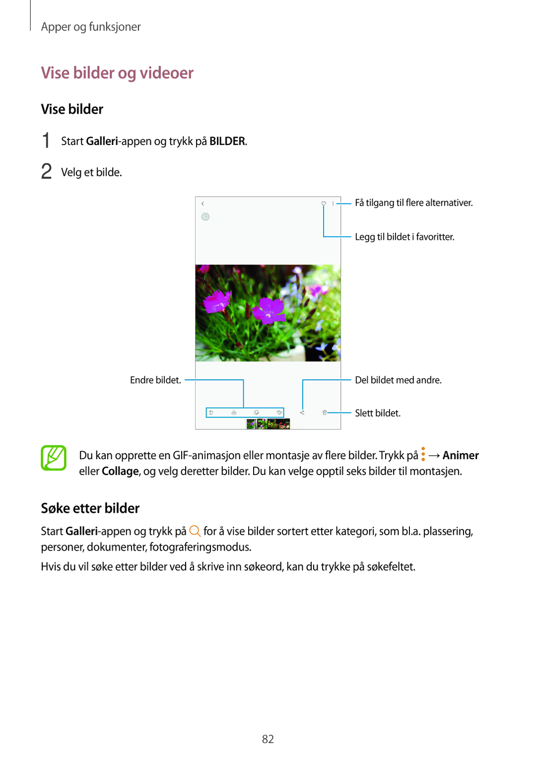 Samsung SM-T395NZKANEE manual Vise bilder og videoer, Søke etter bilder, Velg et bilde 