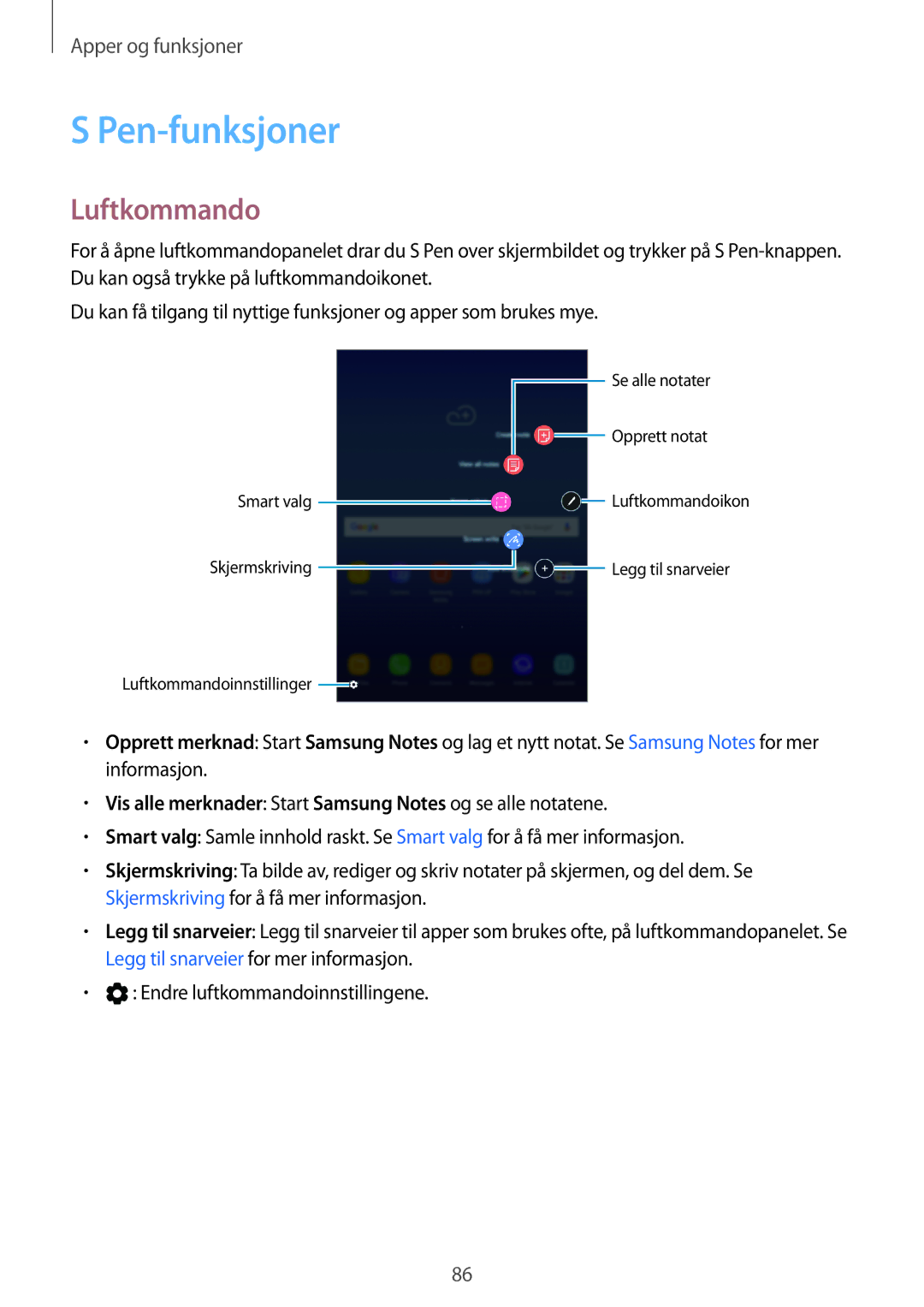 Samsung SM-T395NZKANEE manual Pen-funksjoner, Luftkommando, Vis alle merknader Start Samsung Notes og se alle notatene 