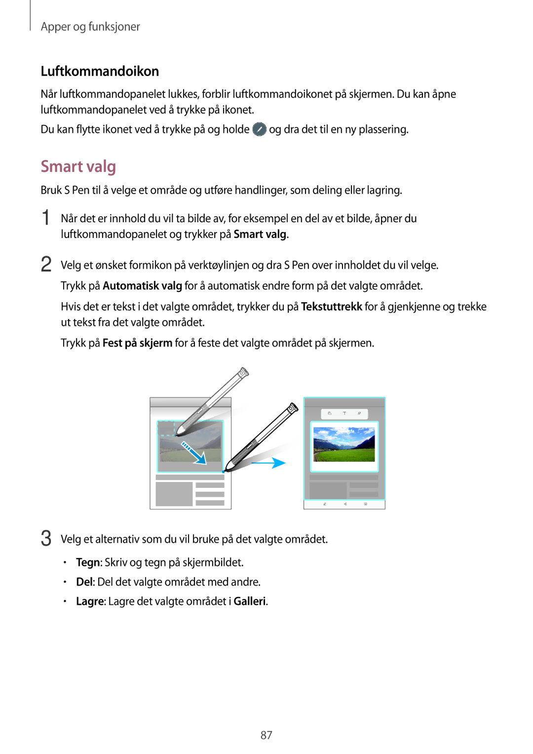 Samsung SM-T395NZKANEE manual Luftkommandoikon, Luftkommandopanelet og trykker på Smart valg 