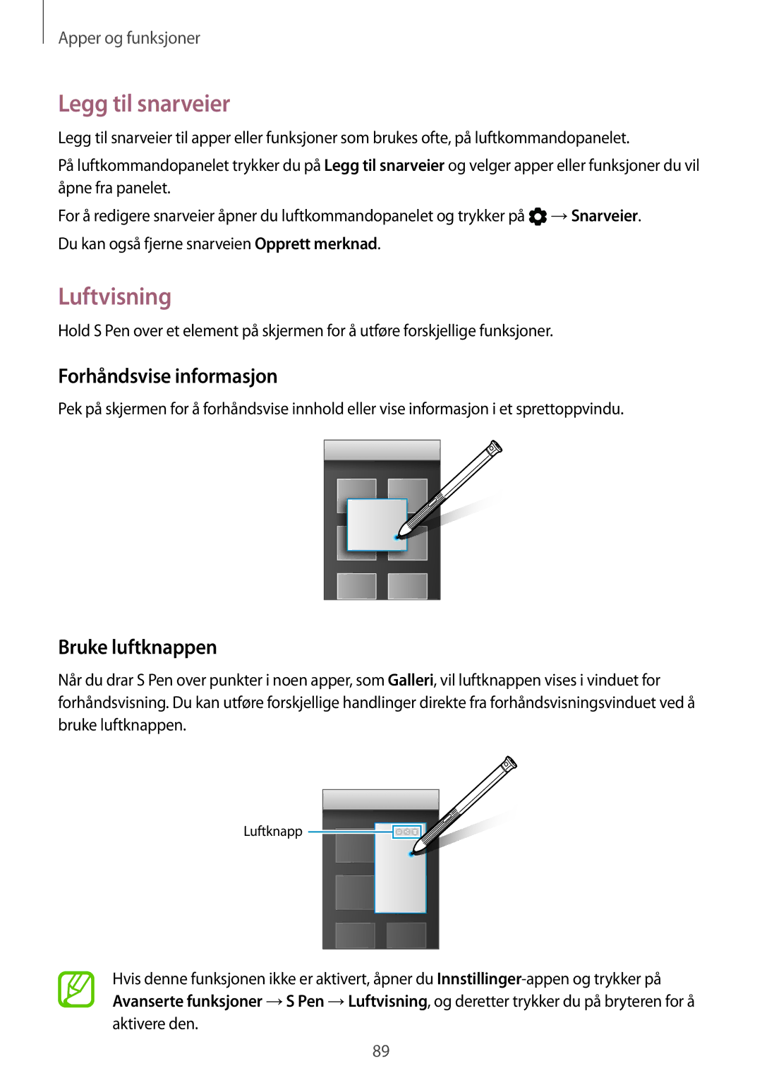 Samsung SM-T395NZKANEE manual Legg til snarveier, Luftvisning, Forhåndsvise informasjon, Bruke luftknappen 