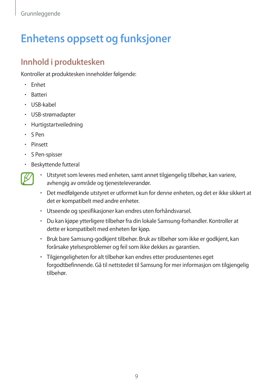 Samsung SM-T395NZKANEE manual Enhetens oppsett og funksjoner, Innhold i produktesken 