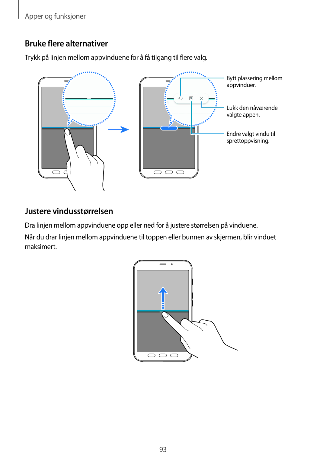 Samsung SM-T395NZKANEE manual Bruke flere alternativer, Justere vindusstørrelsen 