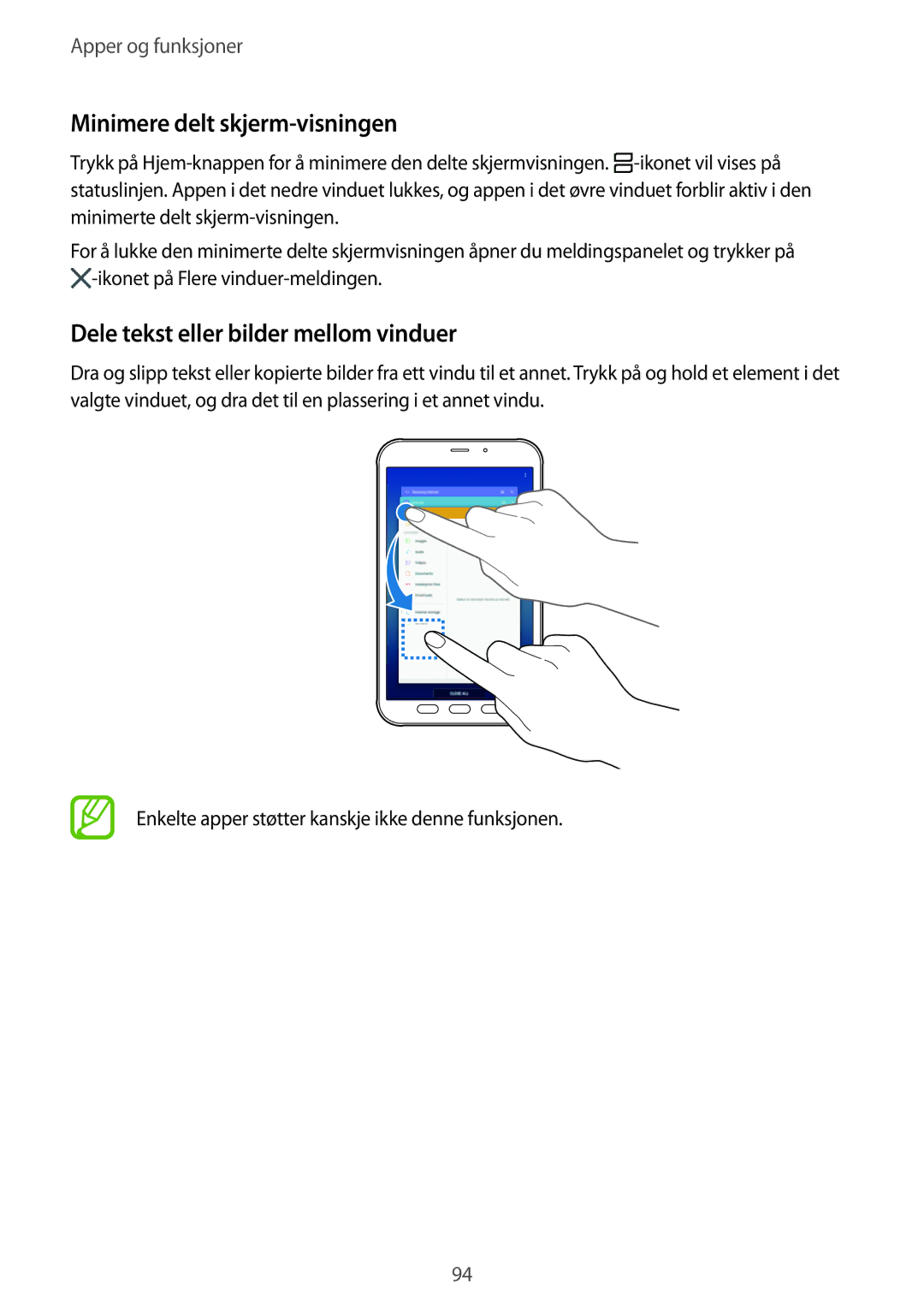 Samsung SM-T395NZKANEE manual Minimere delt skjerm-visningen, Dele tekst eller bilder mellom vinduer 