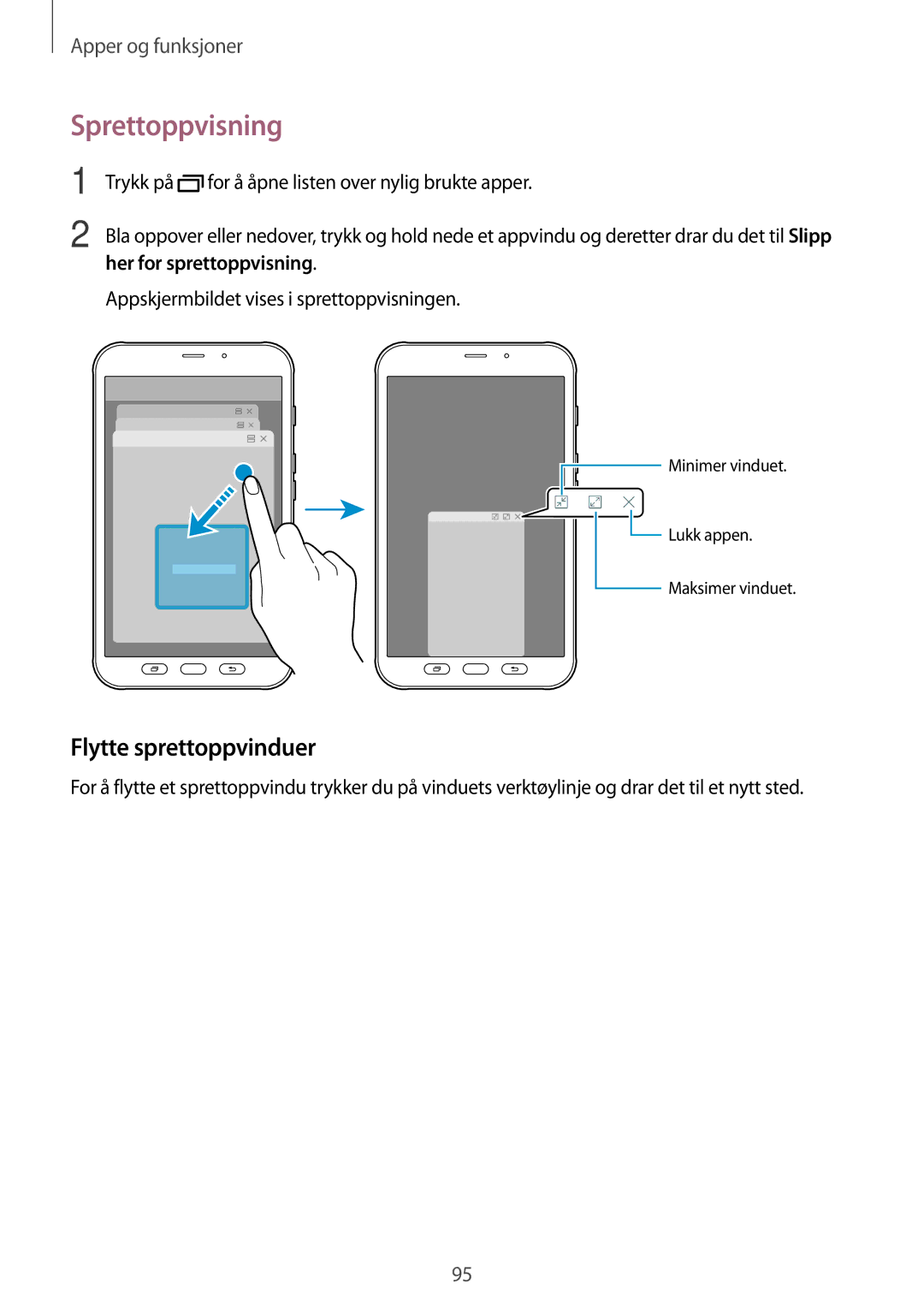 Samsung SM-T395NZKANEE manual Sprettoppvisning, Flytte sprettoppvinduer, Her for sprettoppvisning 