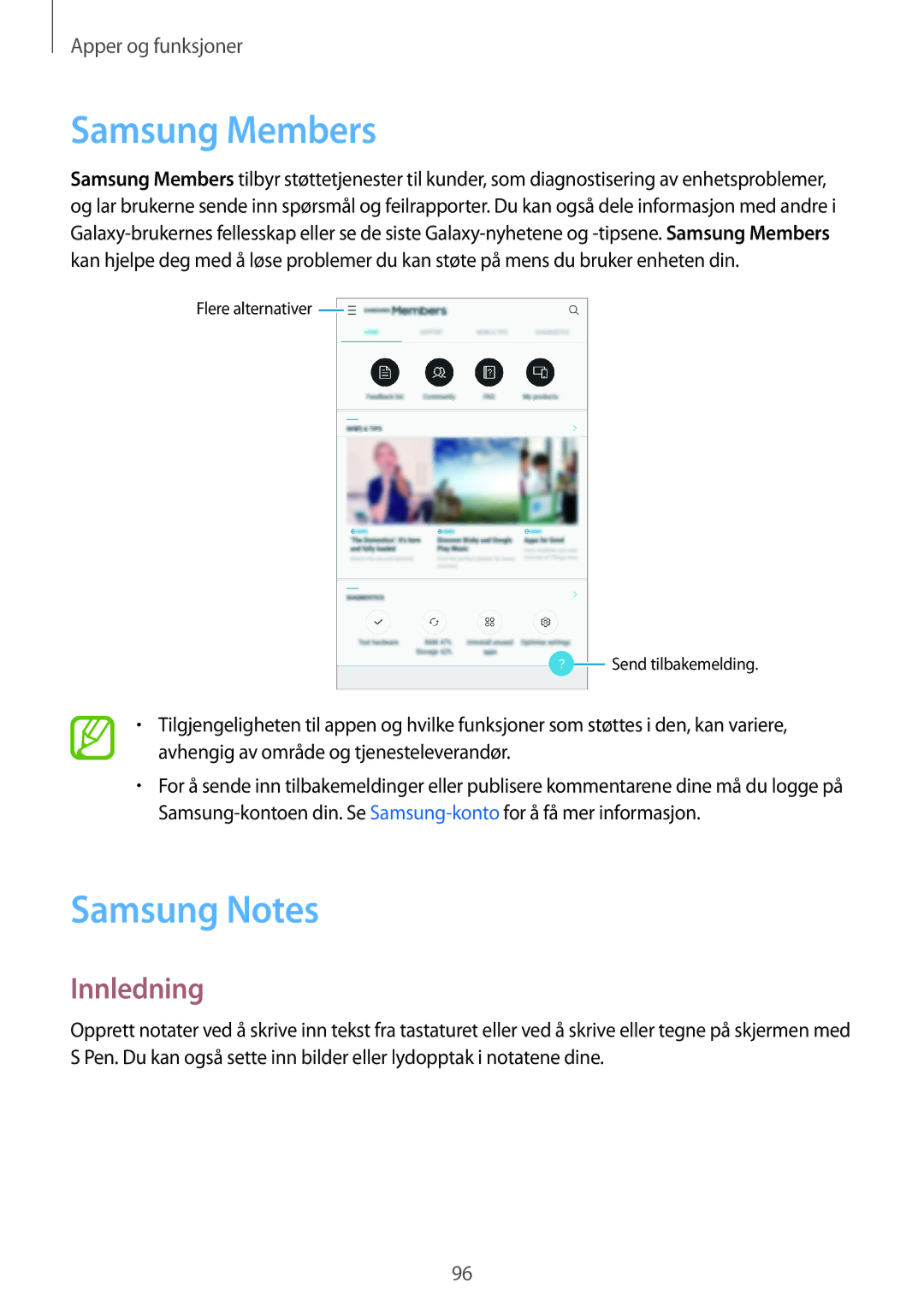 Samsung SM-T395NZKANEE manual Samsung Members, Samsung Notes 