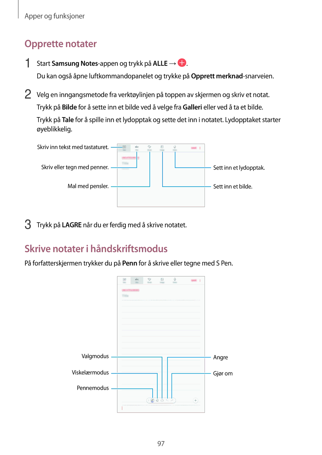 Samsung SM-T395NZKANEE manual Opprette notater, Skrive notater i håndskriftsmodus 