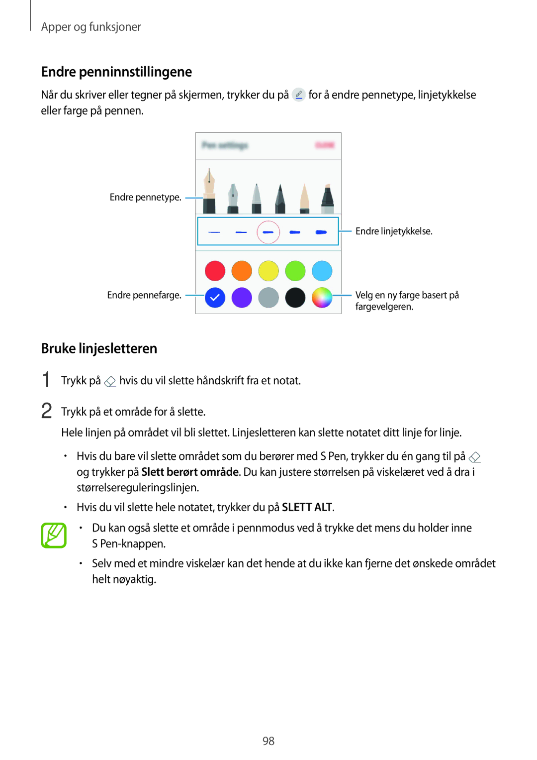 Samsung SM-T395NZKANEE manual Endre penninnstillingene, Bruke linjesletteren 