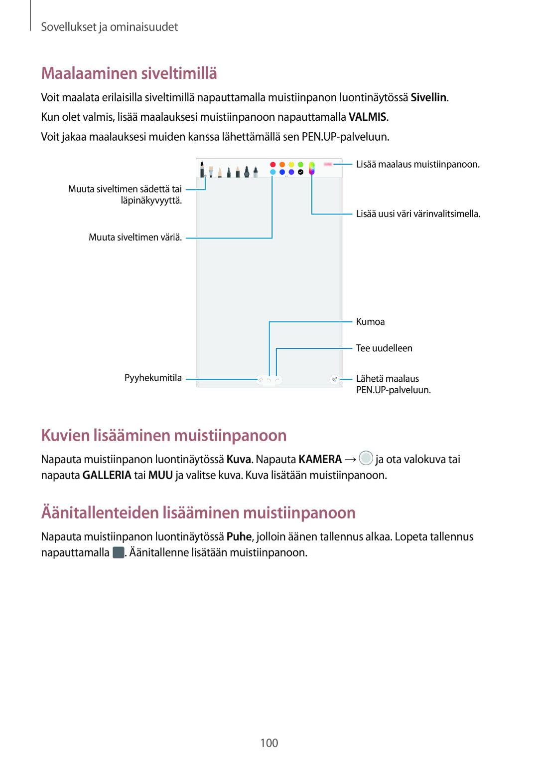 Samsung SM-T395NZKANEE manual Maalaaminen siveltimillä, Kuvien lisääminen muistiinpanoon 