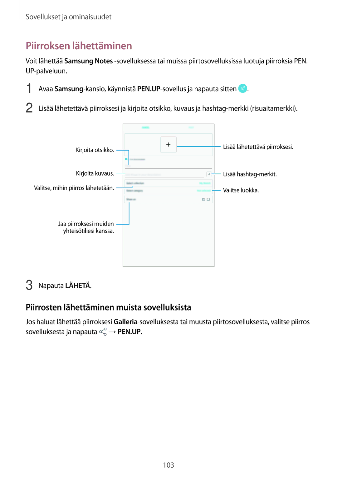 Samsung SM-T395NZKANEE manual Piirroksen lähettäminen, Piirrosten lähettäminen muista sovelluksista 