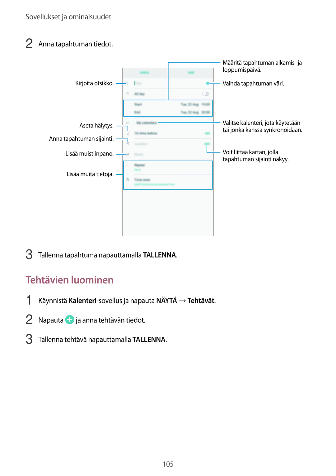 Samsung SM-T395NZKANEE manual Tehtävien luominen, Anna tapahtuman tiedot 