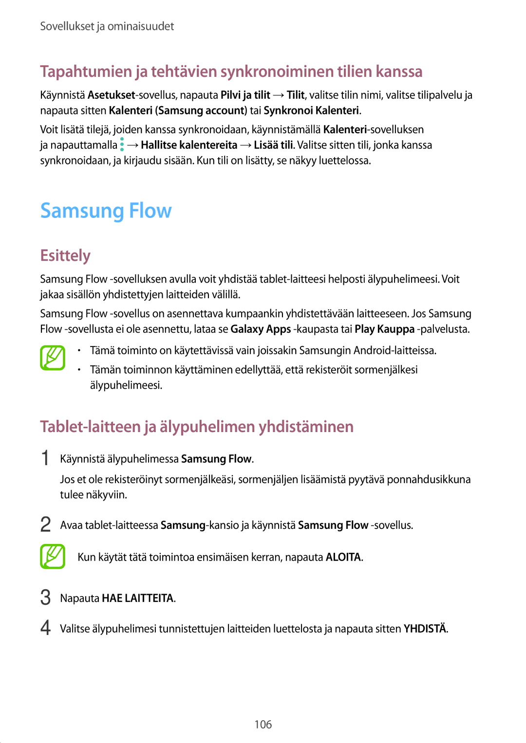 Samsung SM-T395NZKANEE manual Samsung Flow, Tapahtumien ja tehtävien synkronoiminen tilien kanssa, Napauta HAE Laitteita 