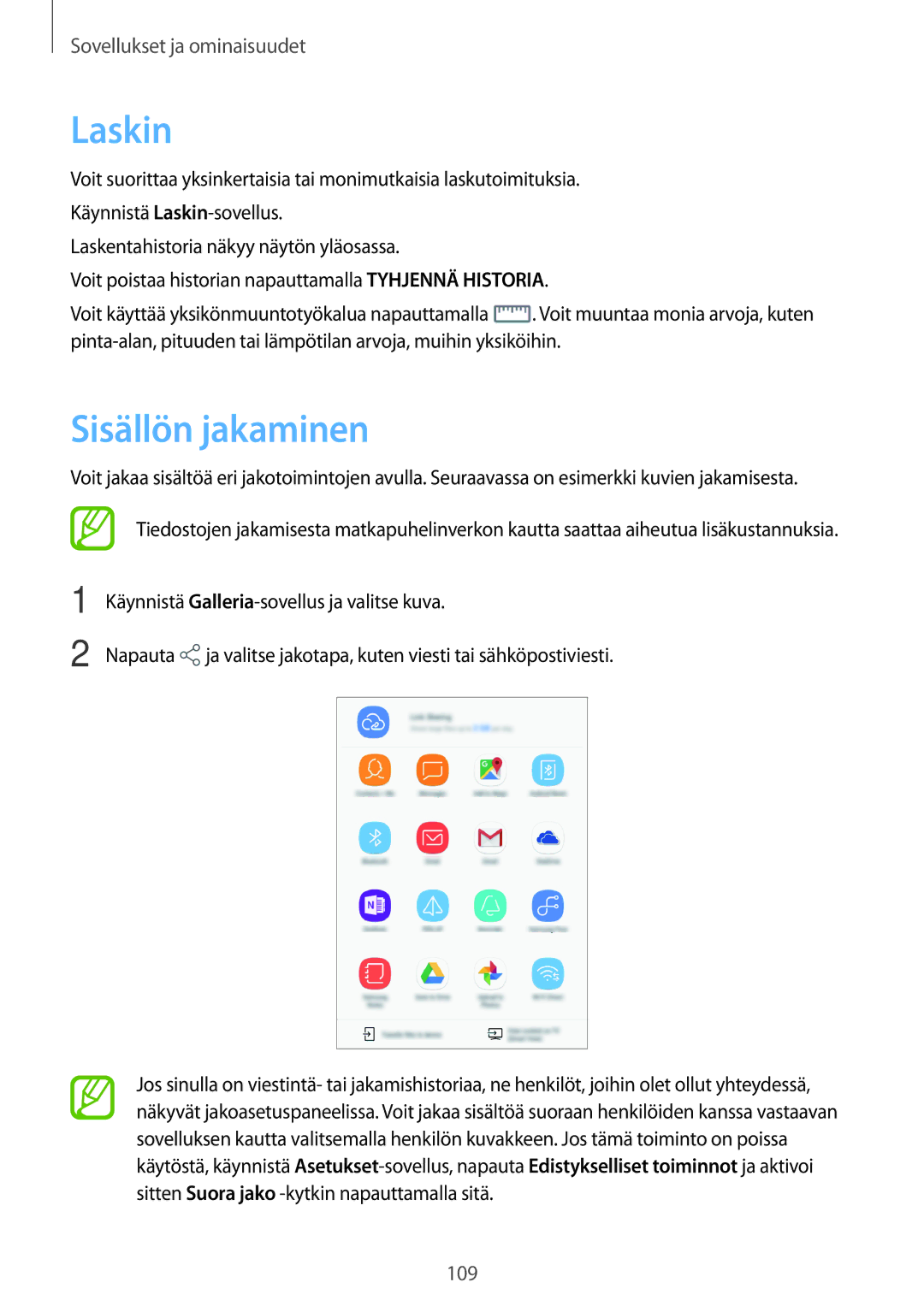 Samsung SM-T395NZKANEE manual Laskin, Sisällön jakaminen 