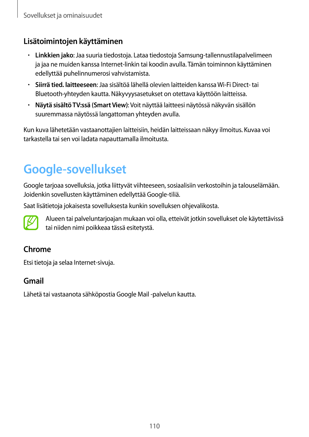 Samsung SM-T395NZKANEE manual Google-sovellukset, Chrome, Gmail 