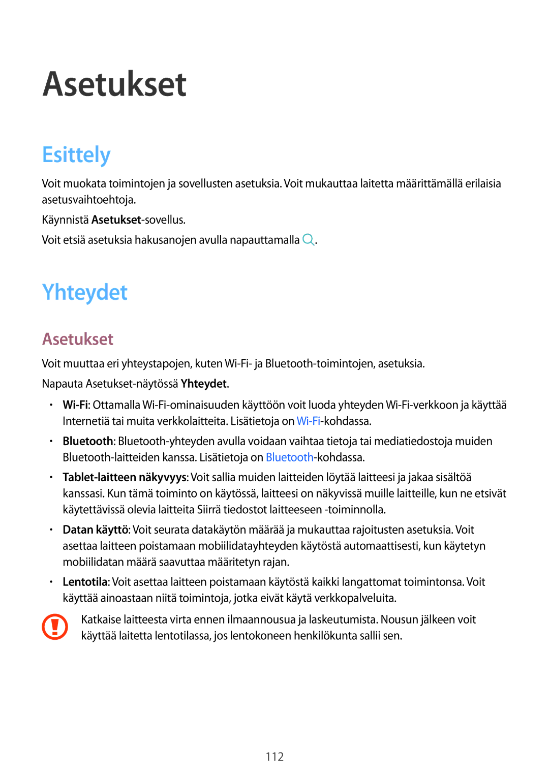 Samsung SM-T395NZKANEE manual Esittely, Yhteydet, Asetukset 