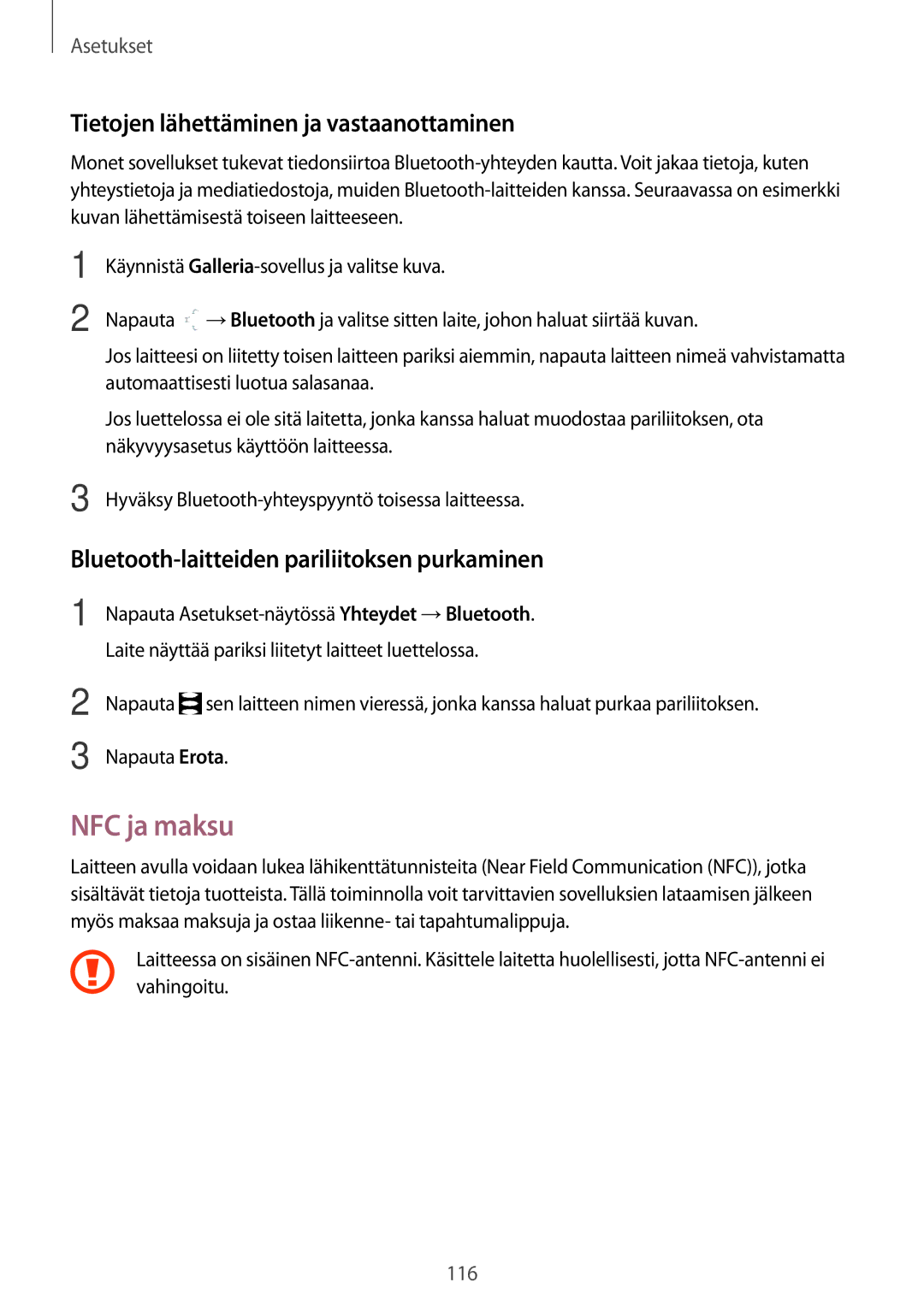 Samsung SM-T395NZKANEE manual NFC ja maksu, Tietojen lähettäminen ja vastaanottaminen 