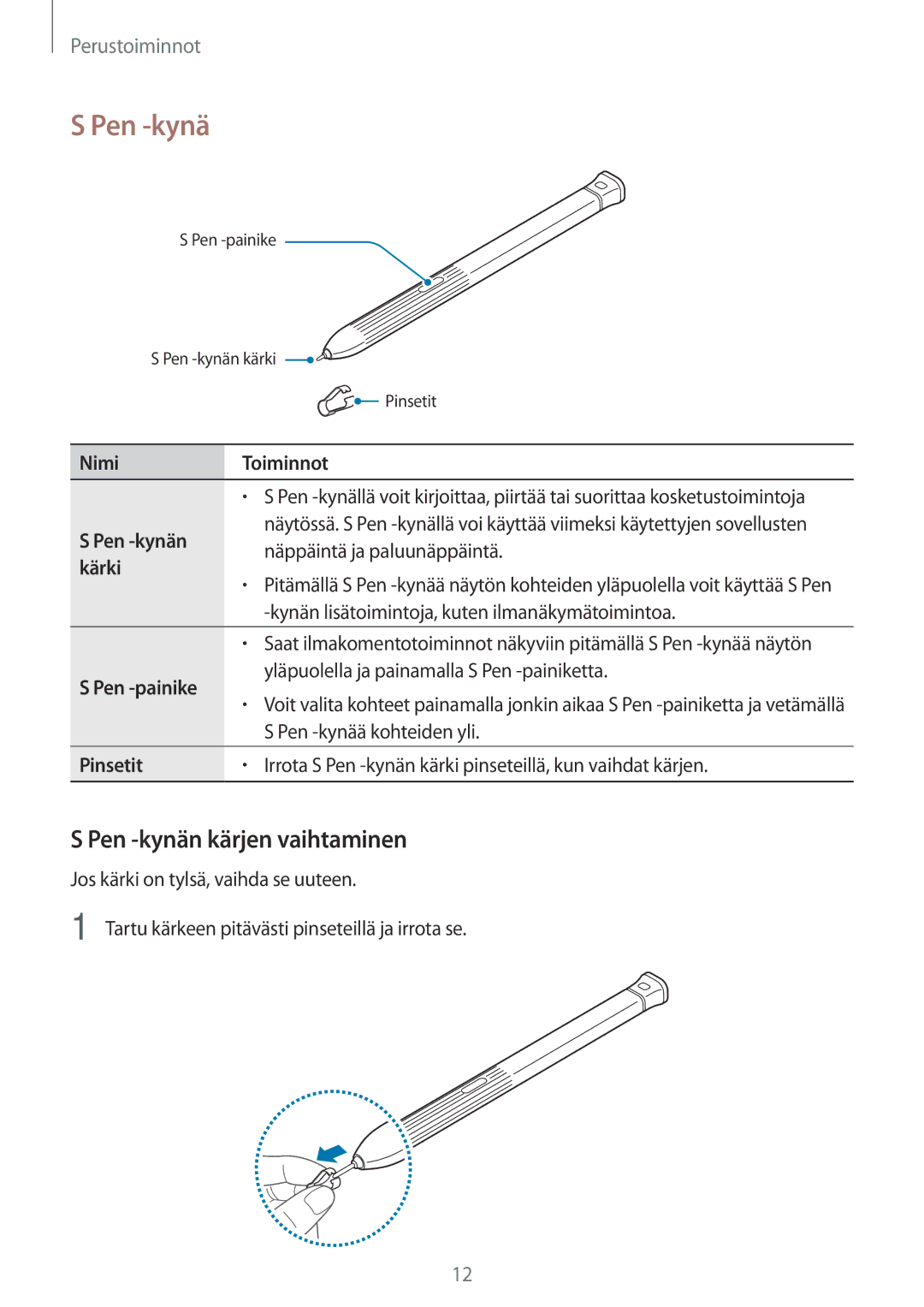 Samsung SM-T395NZKANEE manual Pen -kynän kärjen vaihtaminen 