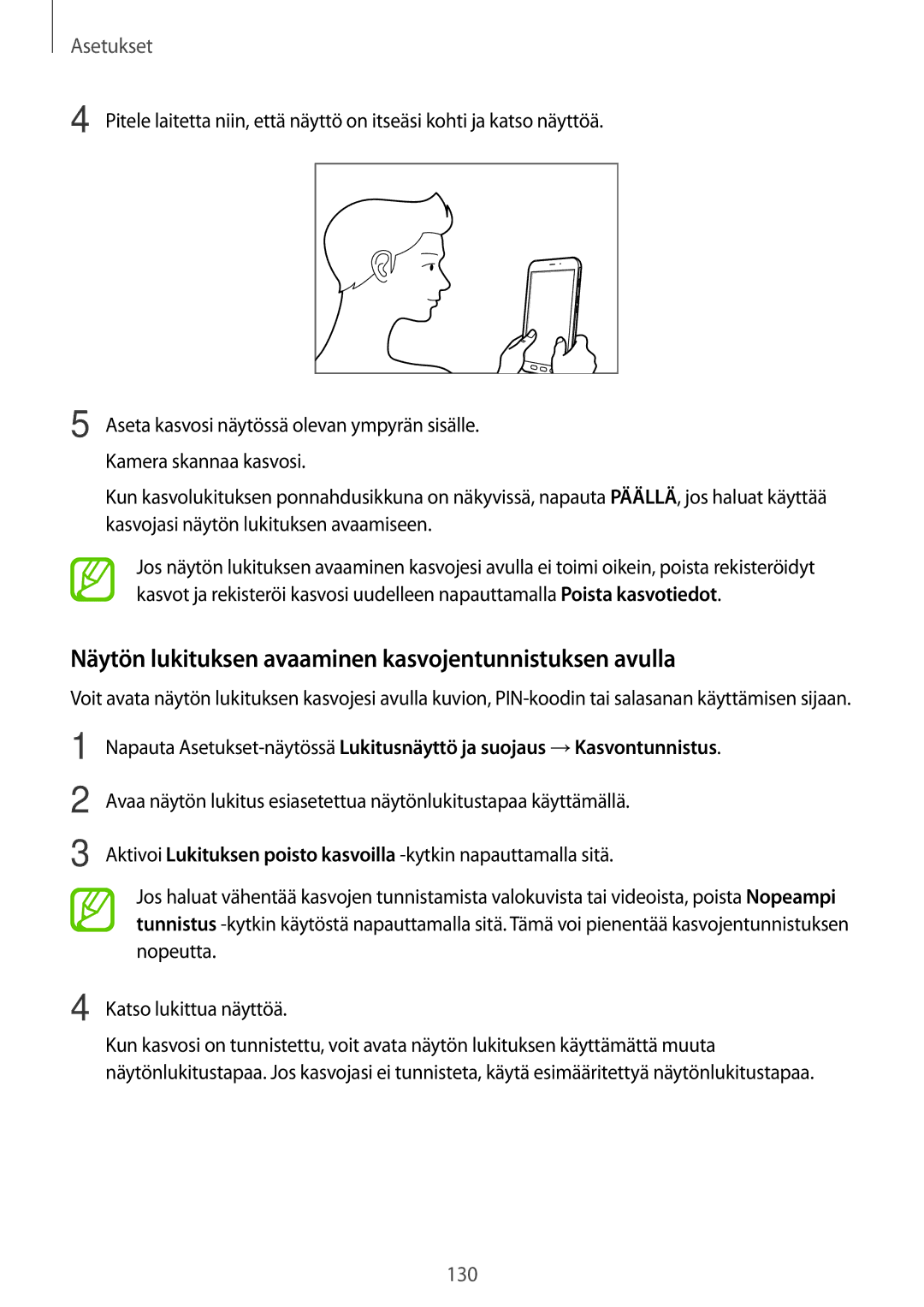 Samsung SM-T395NZKANEE manual Näytön lukituksen avaaminen kasvojentunnistuksen avulla 