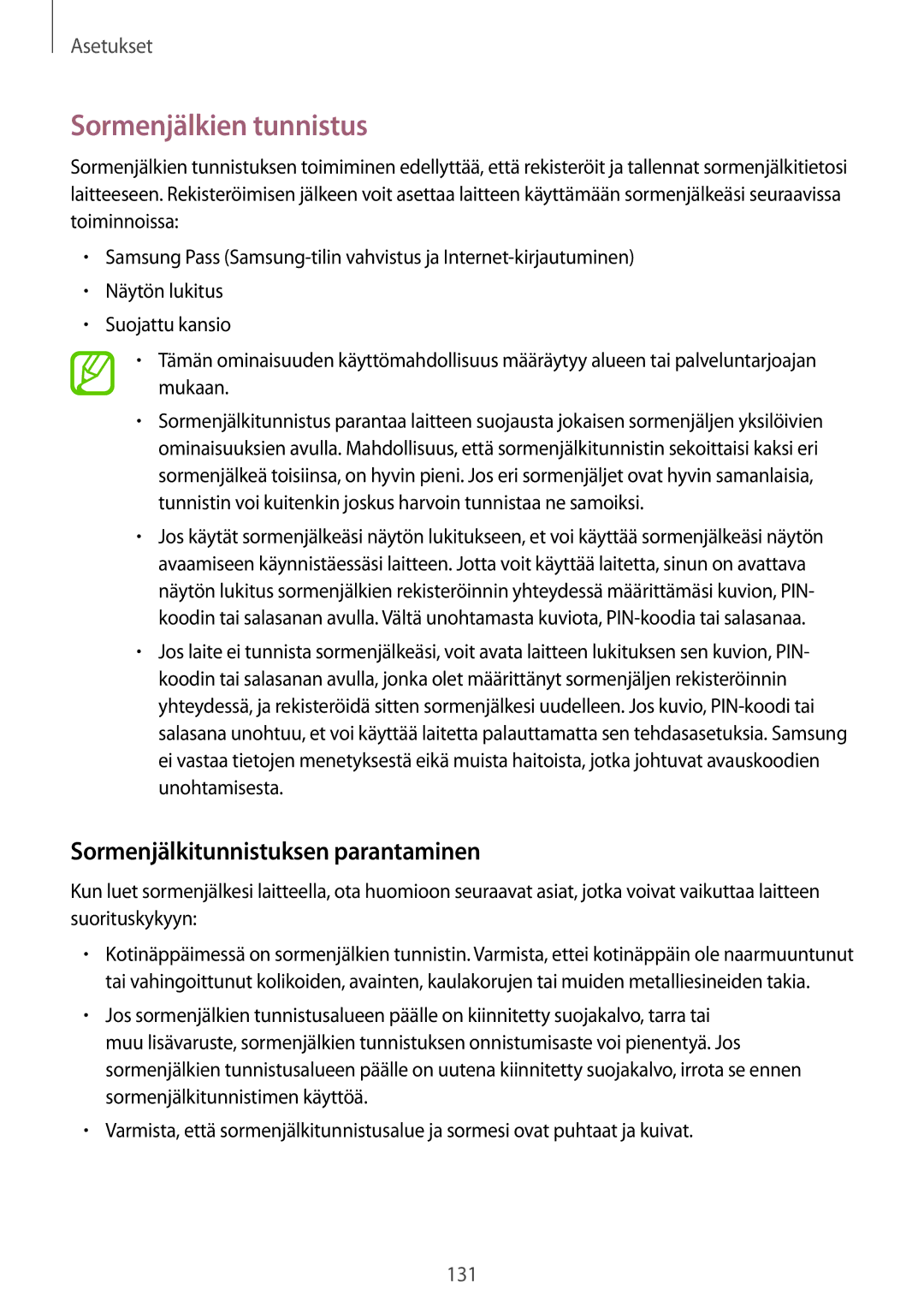 Samsung SM-T395NZKANEE manual Sormenjälkien tunnistus, Sormenjälkitunnistuksen parantaminen 