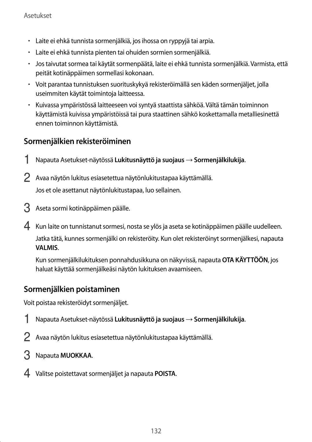 Samsung SM-T395NZKANEE manual Sormenjälkien rekisteröiminen, Sormenjälkien poistaminen 