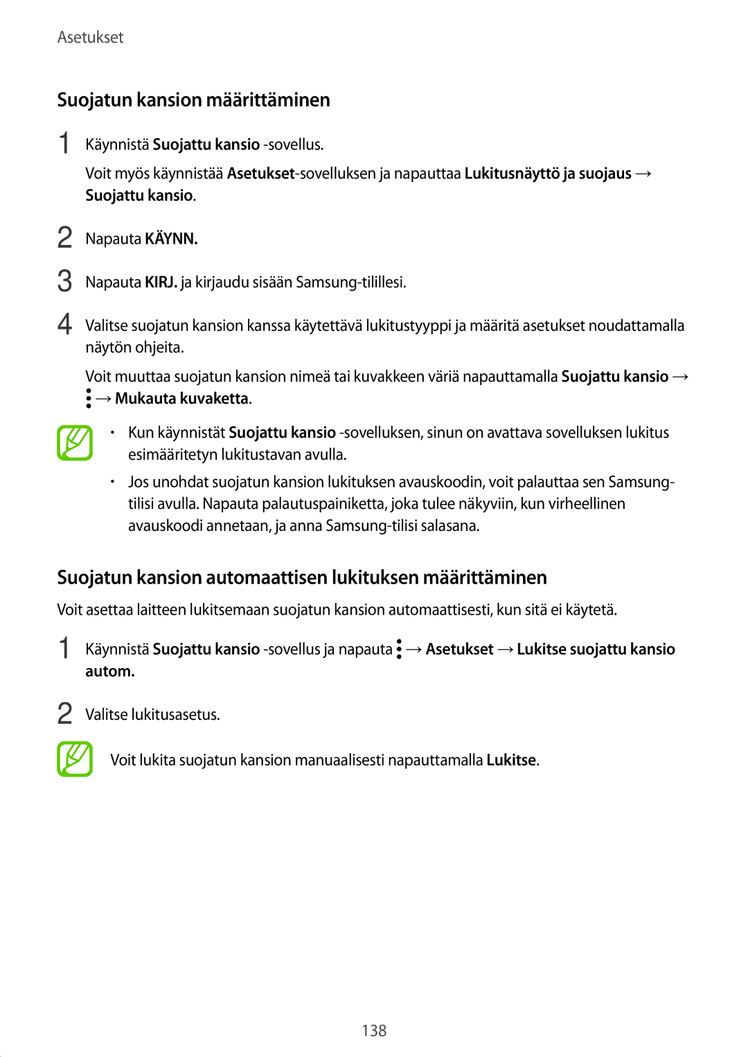 Samsung SM-T395NZKANEE manual Suojatun kansion määrittäminen, Suojatun kansion automaattisen lukituksen määrittäminen 