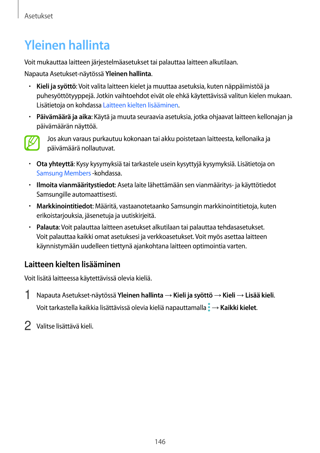 Samsung SM-T395NZKANEE manual Yleinen hallinta, Laitteen kielten lisääminen 