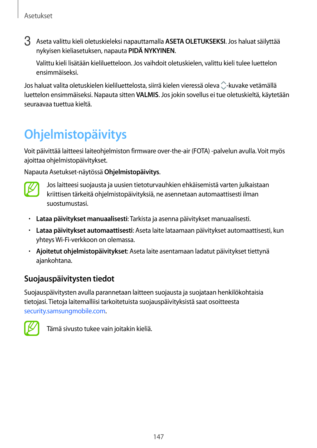 Samsung SM-T395NZKANEE manual Ohjelmistopäivitys, Suojauspäivitysten tiedot 