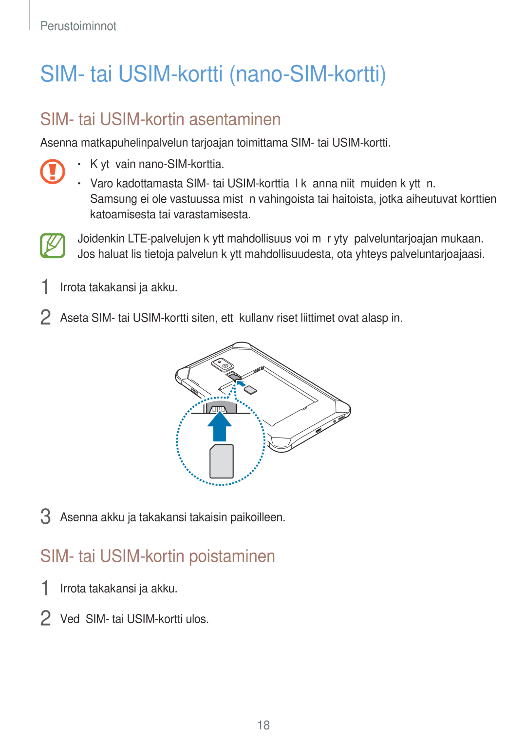 Samsung SM-T395NZKANEE manual SIM- tai USIM-kortti nano-SIM-kortti, SIM- tai USIM-kortin asentaminen 