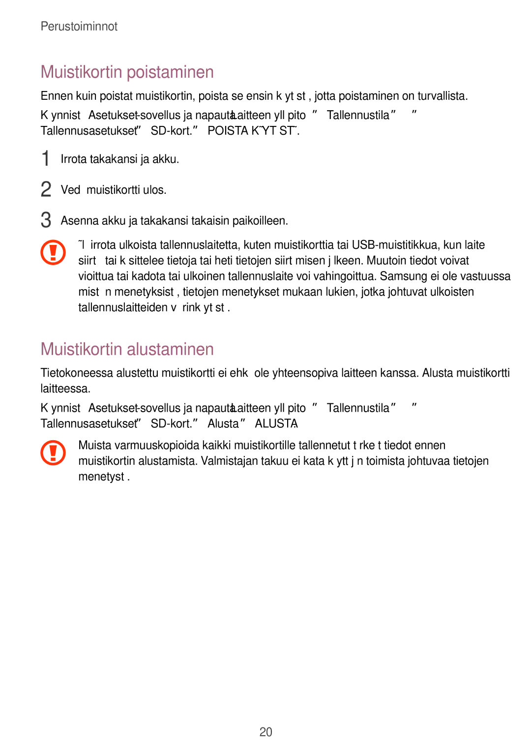 Samsung SM-T395NZKANEE manual Muistikortin poistaminen, Muistikortin alustaminen 