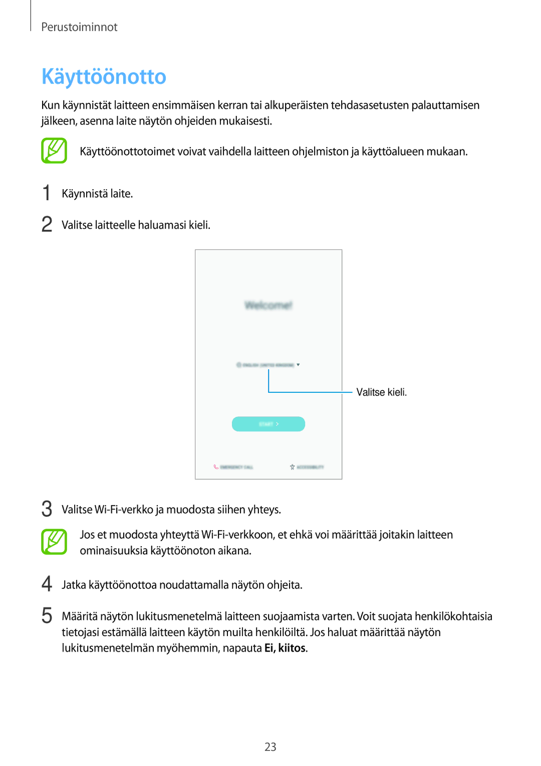 Samsung SM-T395NZKANEE manual Käyttöönotto 