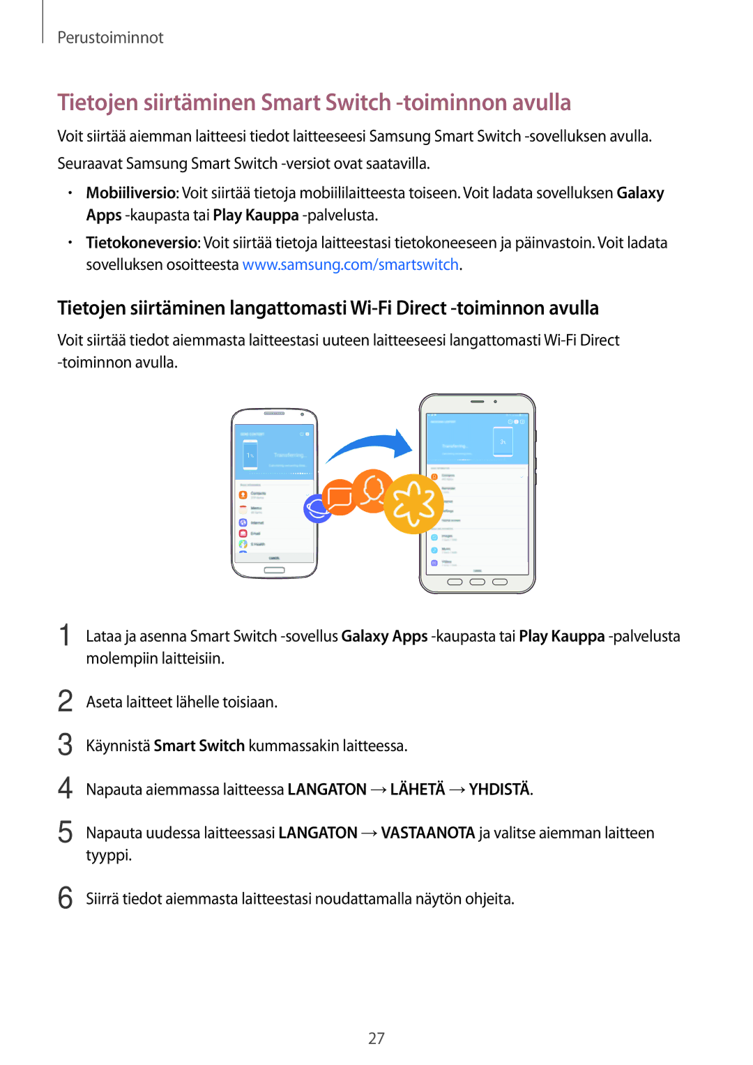 Samsung SM-T395NZKANEE manual Tietojen siirtäminen Smart Switch -toiminnon avulla 