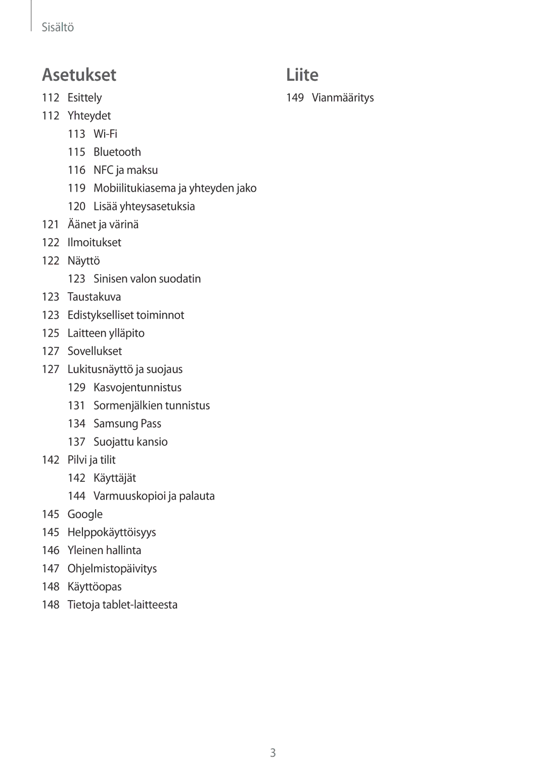 Samsung SM-T395NZKANEE manual Asetukset Liite 